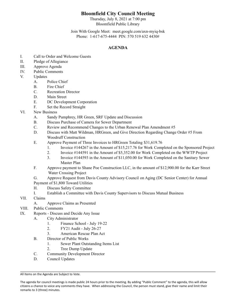 Bloomfield City Council Meeting Agenda - July 8th, 2021 - City of ...