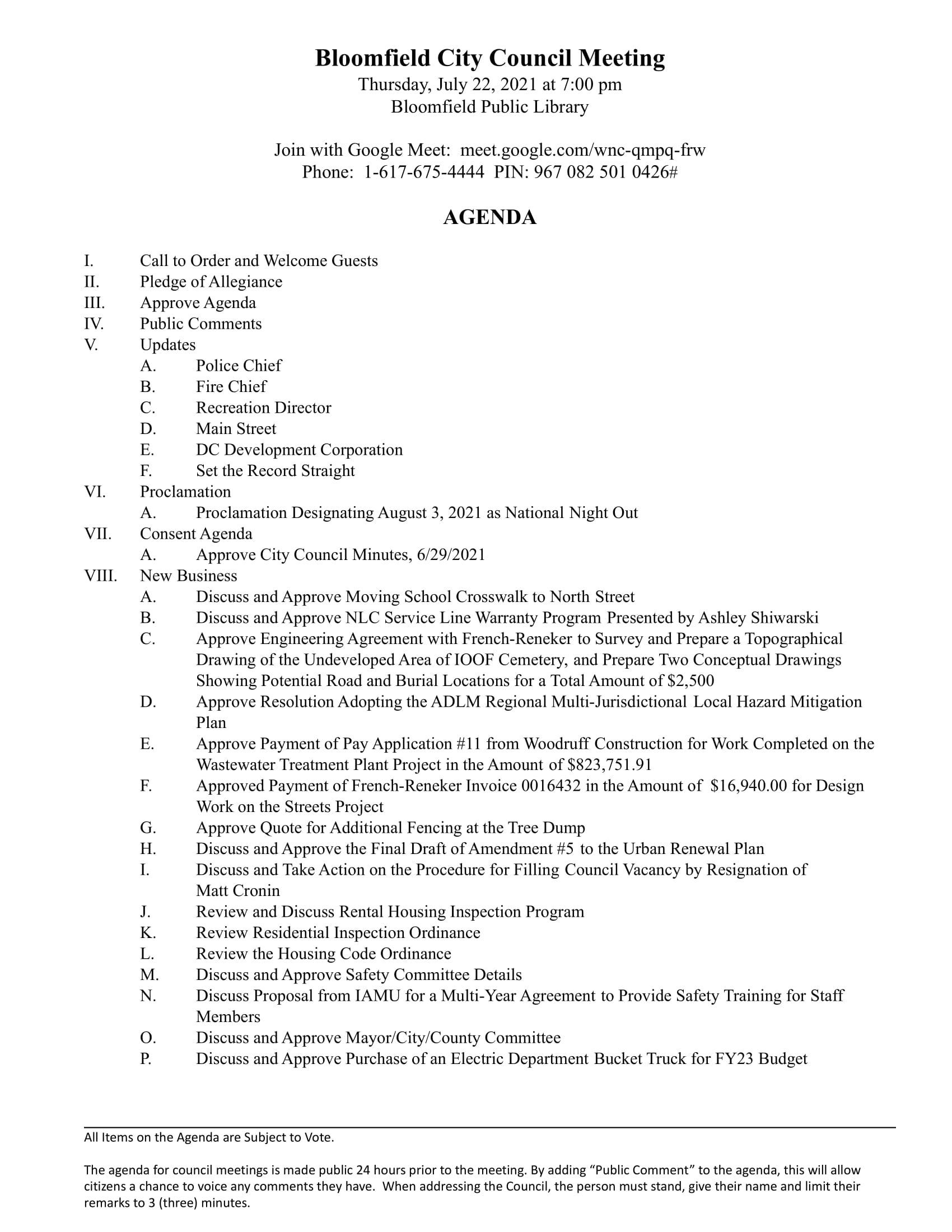 Bloomfield City Council Meeting Agenda - July 22nd, 2021 - City of ...