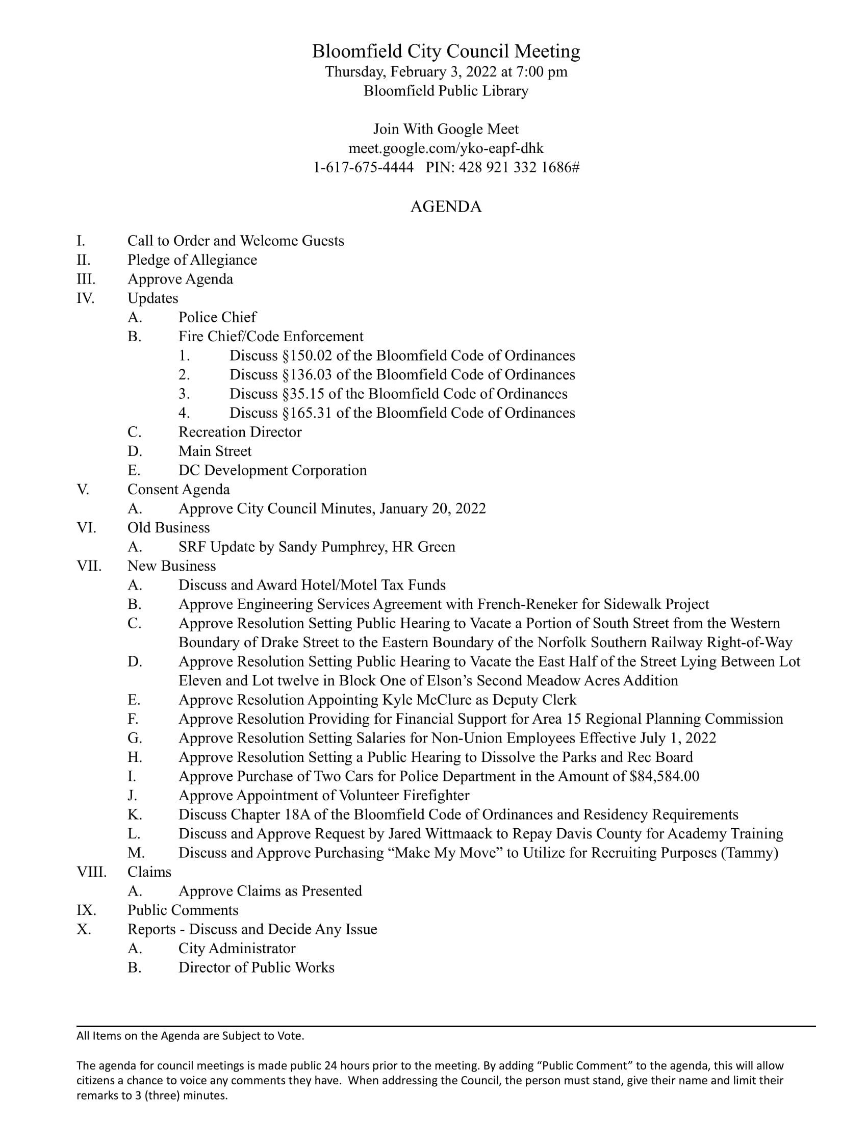 Bloomfield City Council Meeting Agenda – February 3, 2022 - City of ...