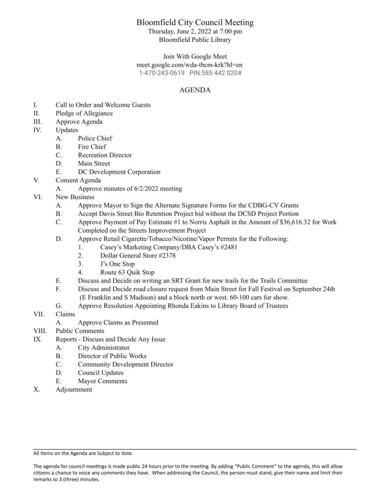 Bloomfield City Council Meeting Agenda – June 2, 2022 - City of Bloomfield