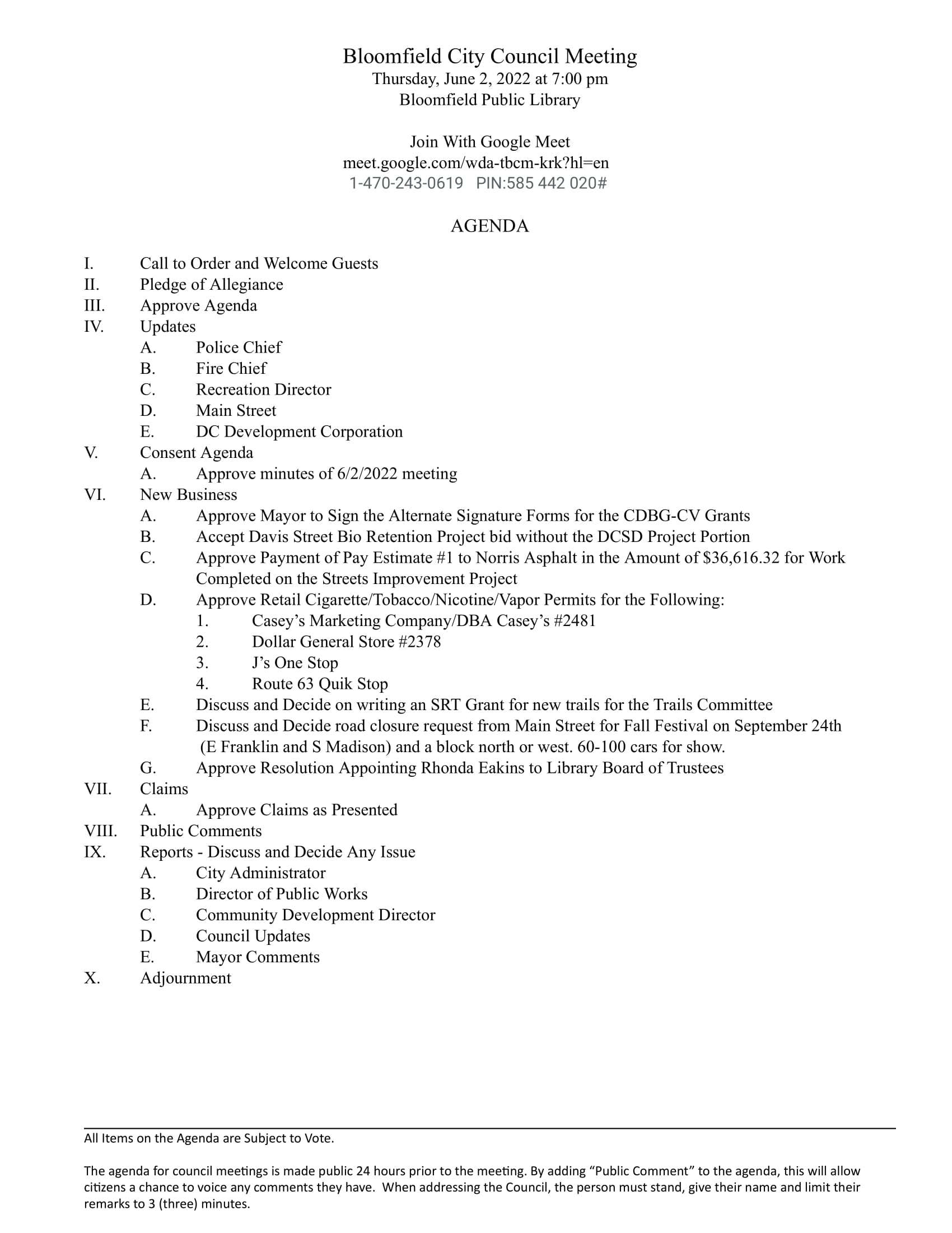 Bloomfield City Council Meeting Agenda – June 2, 2022 - City of Bloomfield